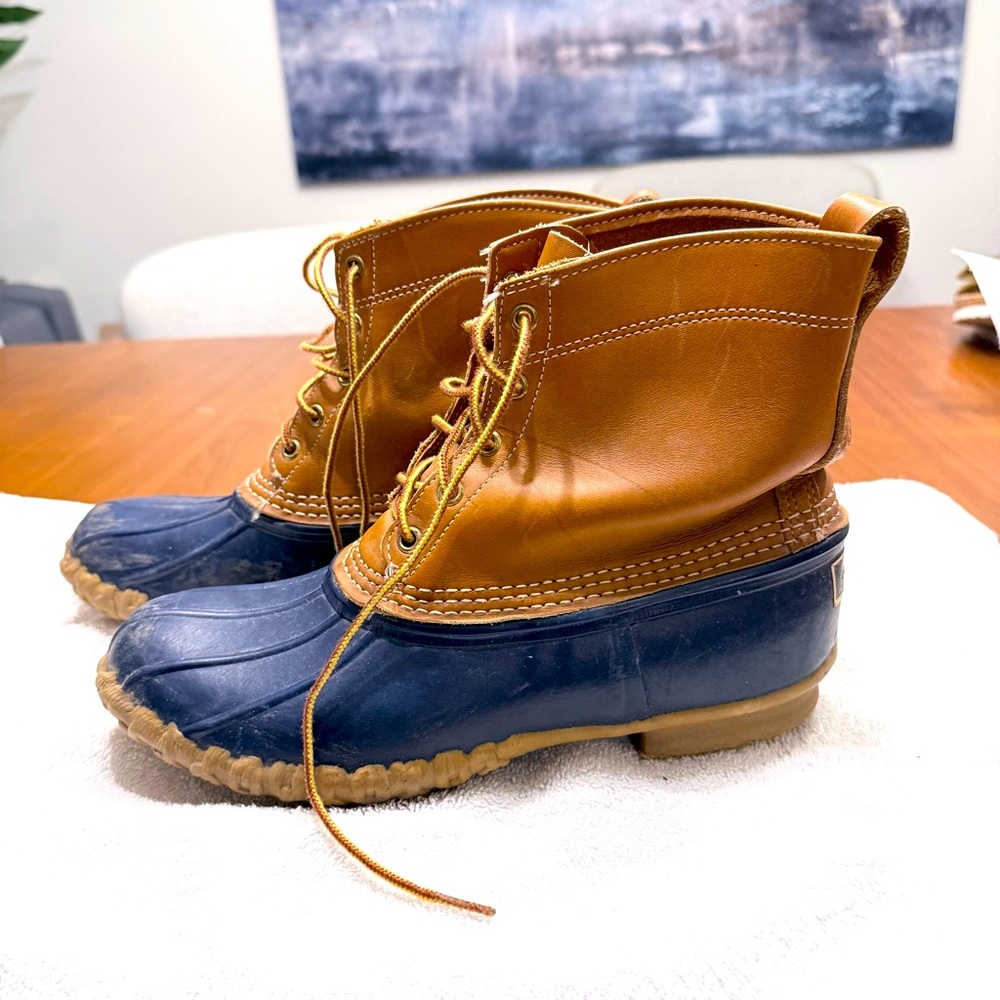 LL BEAN Duck Boots Maine Hunting Shoe Womens Size 10 Brown / Blue GUC